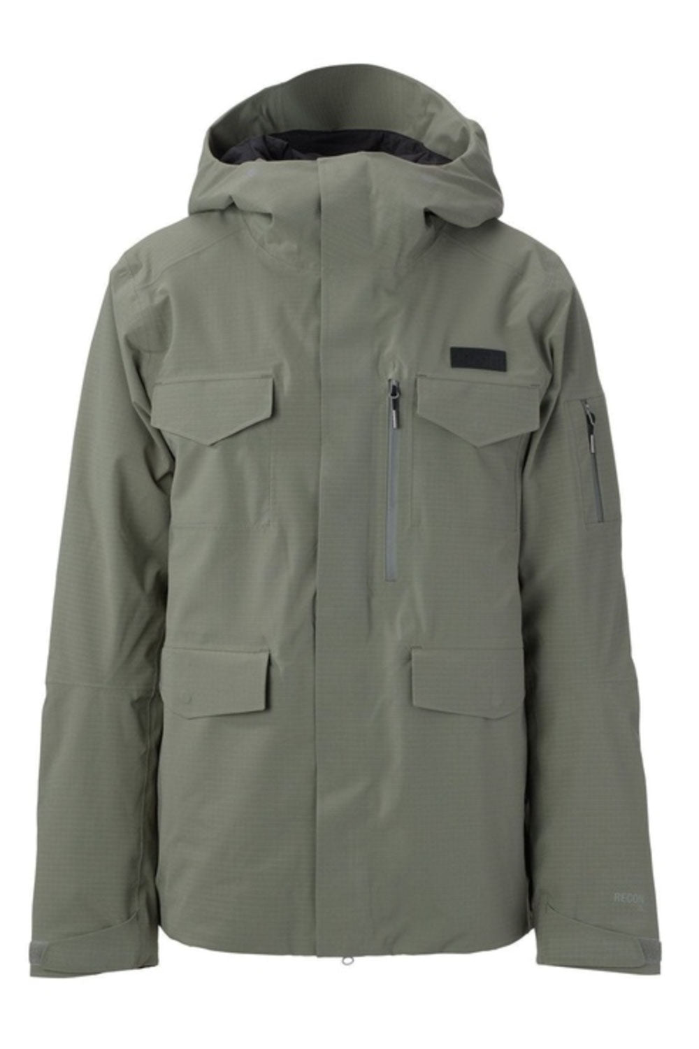 Green jacket with multiple pockets and zippers on a white background
