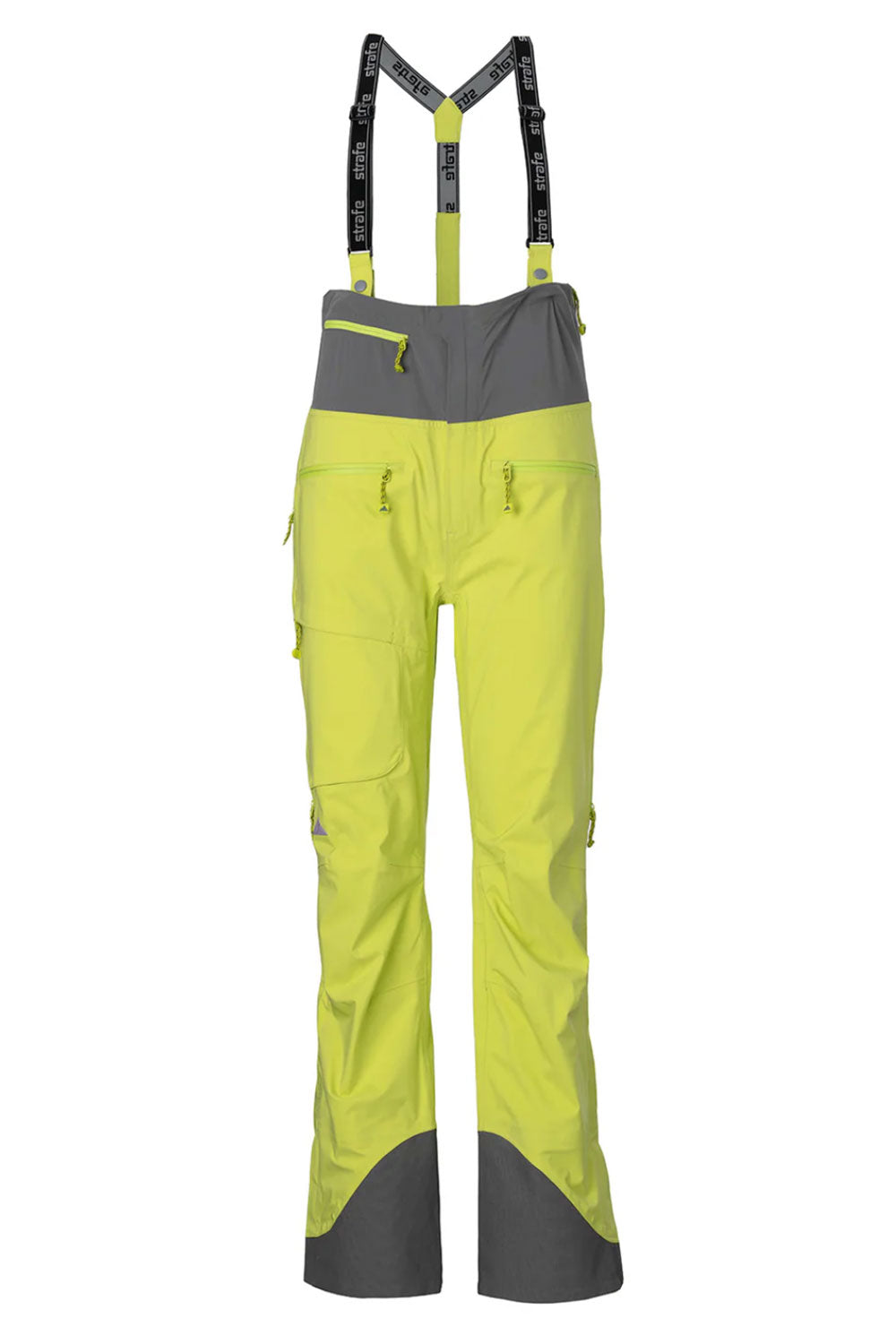 Yellow ski pants with gray accents and suspenders on a white background