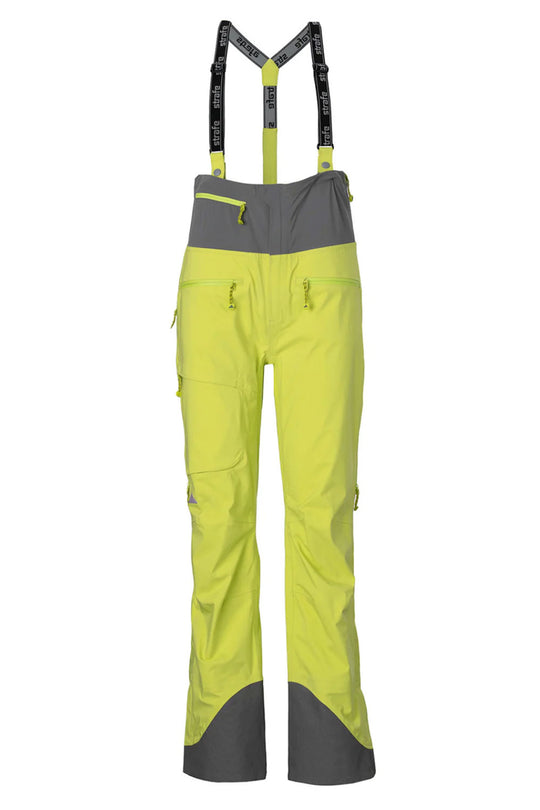 Yellow ski pants with gray accents and suspenders on a white background