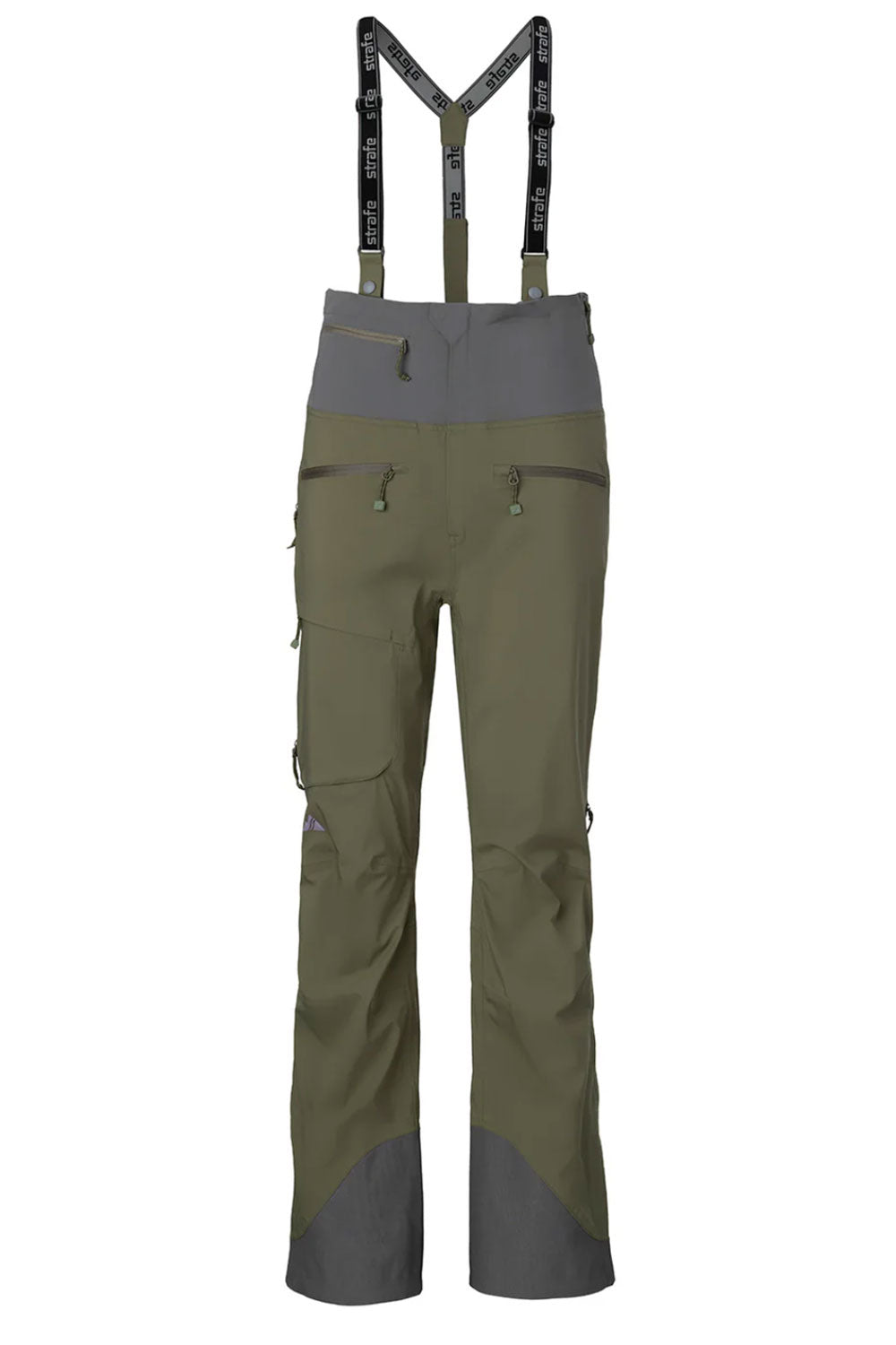 Green and gray pants with suspenders on a white background