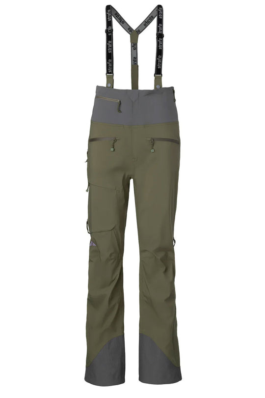 Green and gray pants with suspenders on a white background