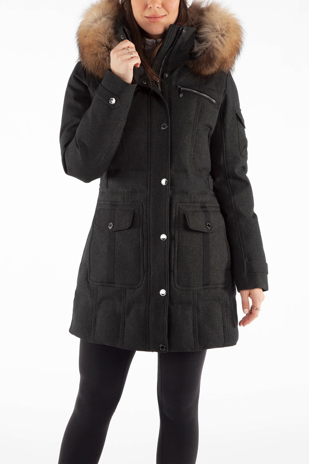 women's Sunice Tanya quitled parka with fur hood,  charcoal gray