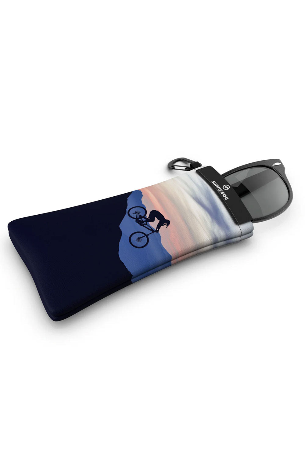 Sunglasses in a case with a colorful design on a white background