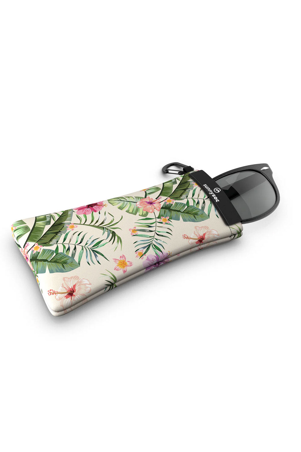 Sunglasses in a floral case on a white background