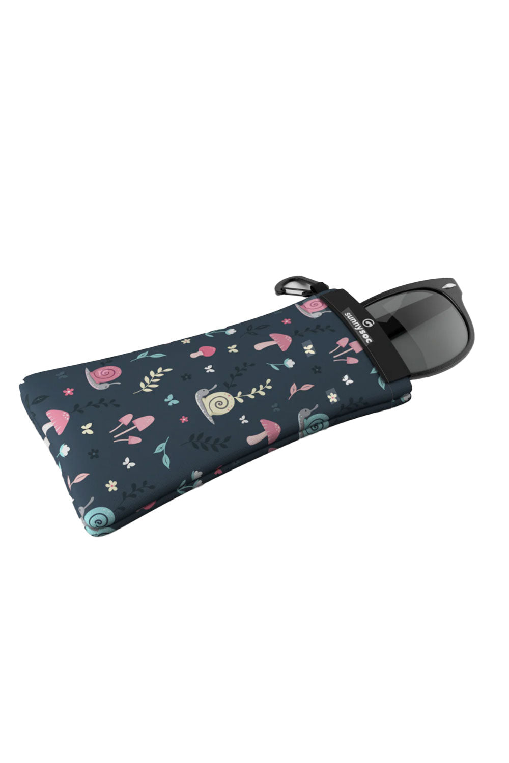 Floral-patterned sunglasses case with sunglasses inside on a white background