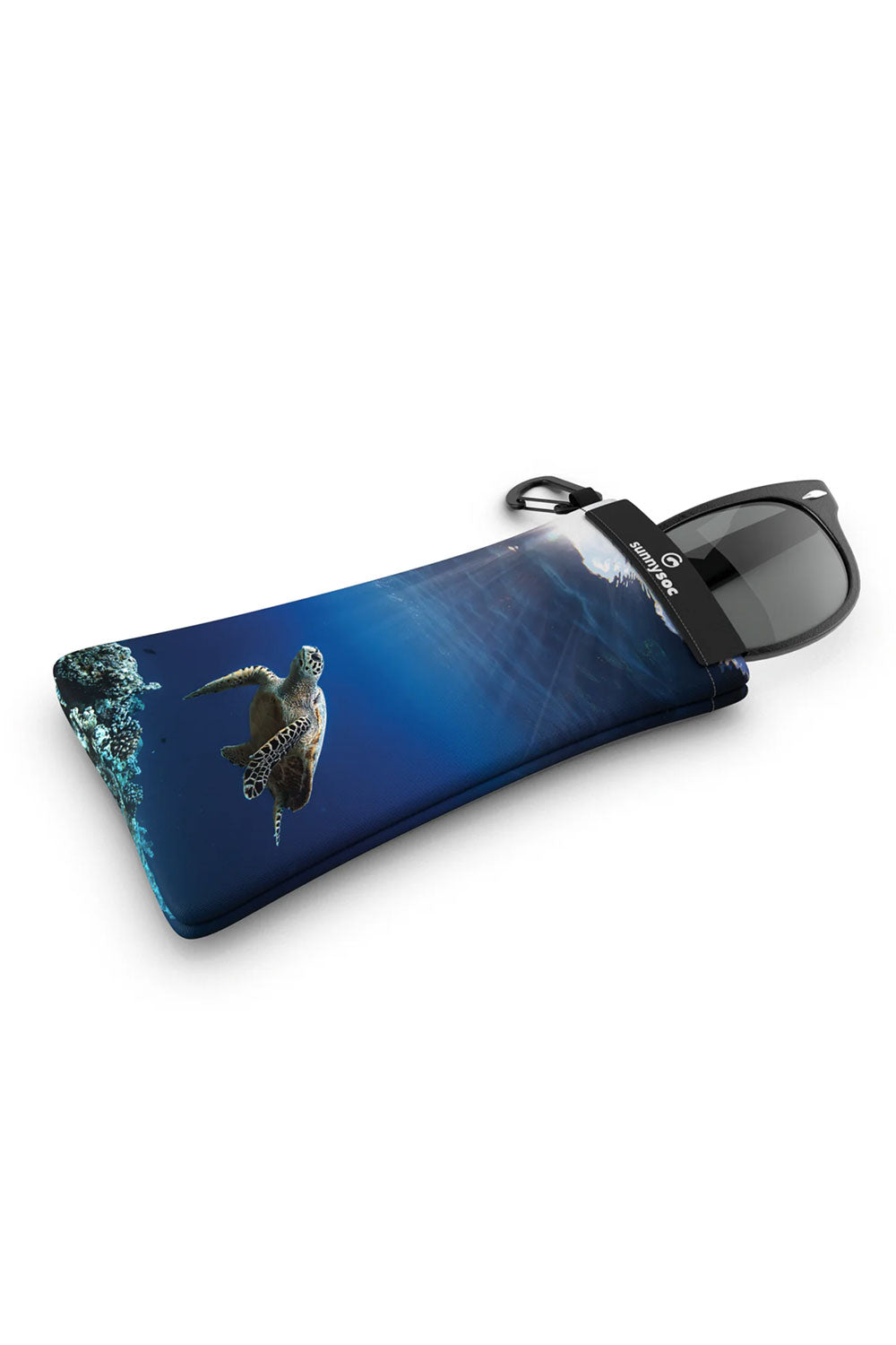 Sunglasses in a blue case with a turtle design on a white background