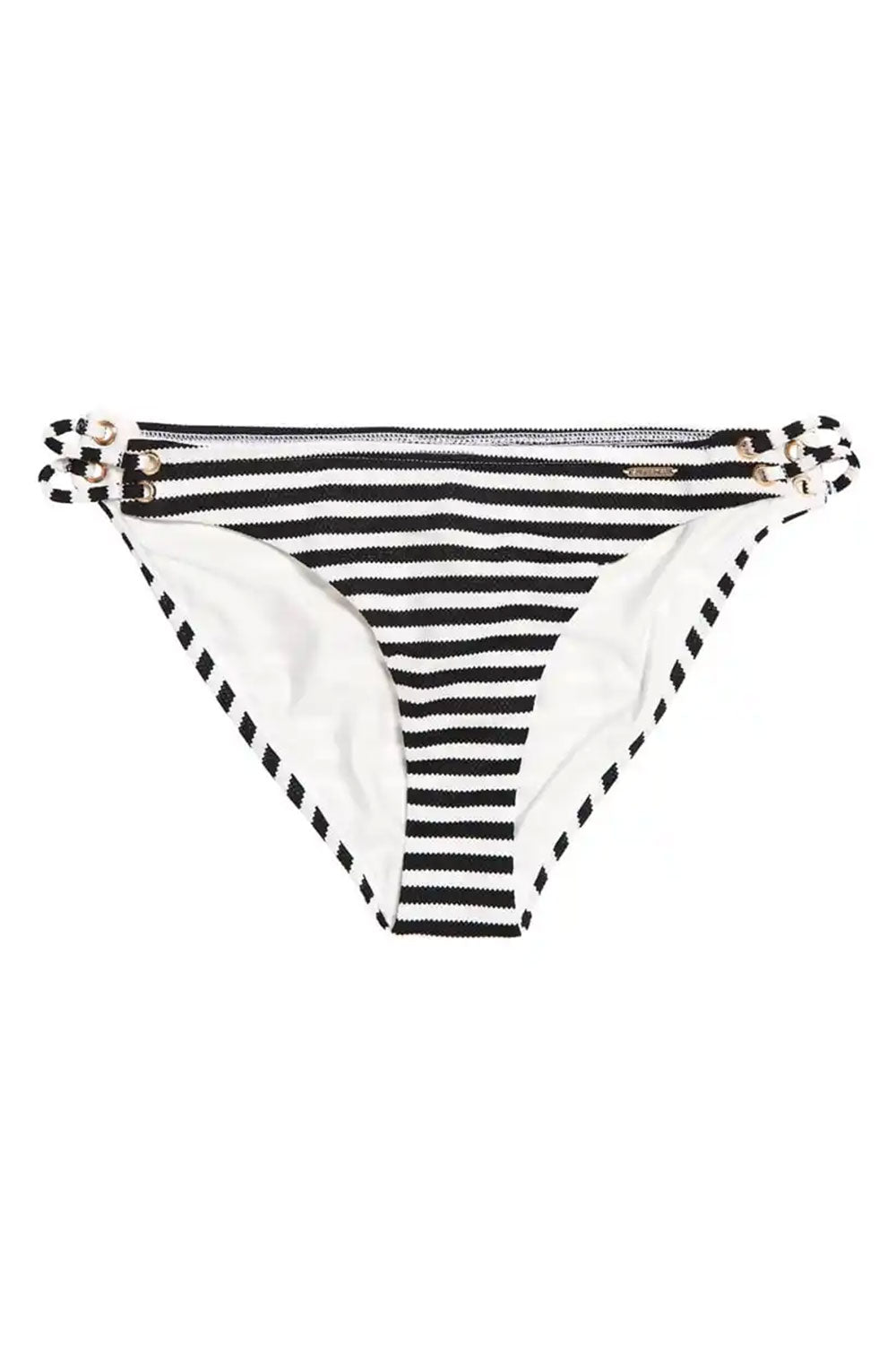 Black and white striped bikini bottom on a white background