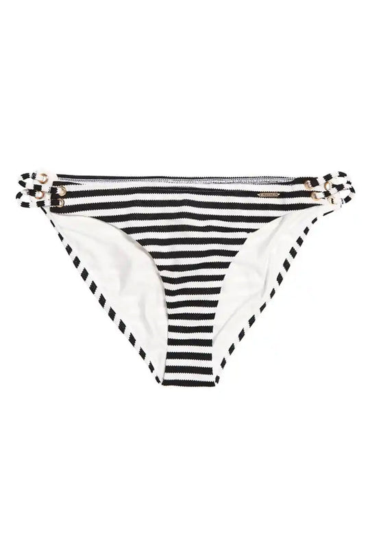 Black and white striped bikini bottom on a white background