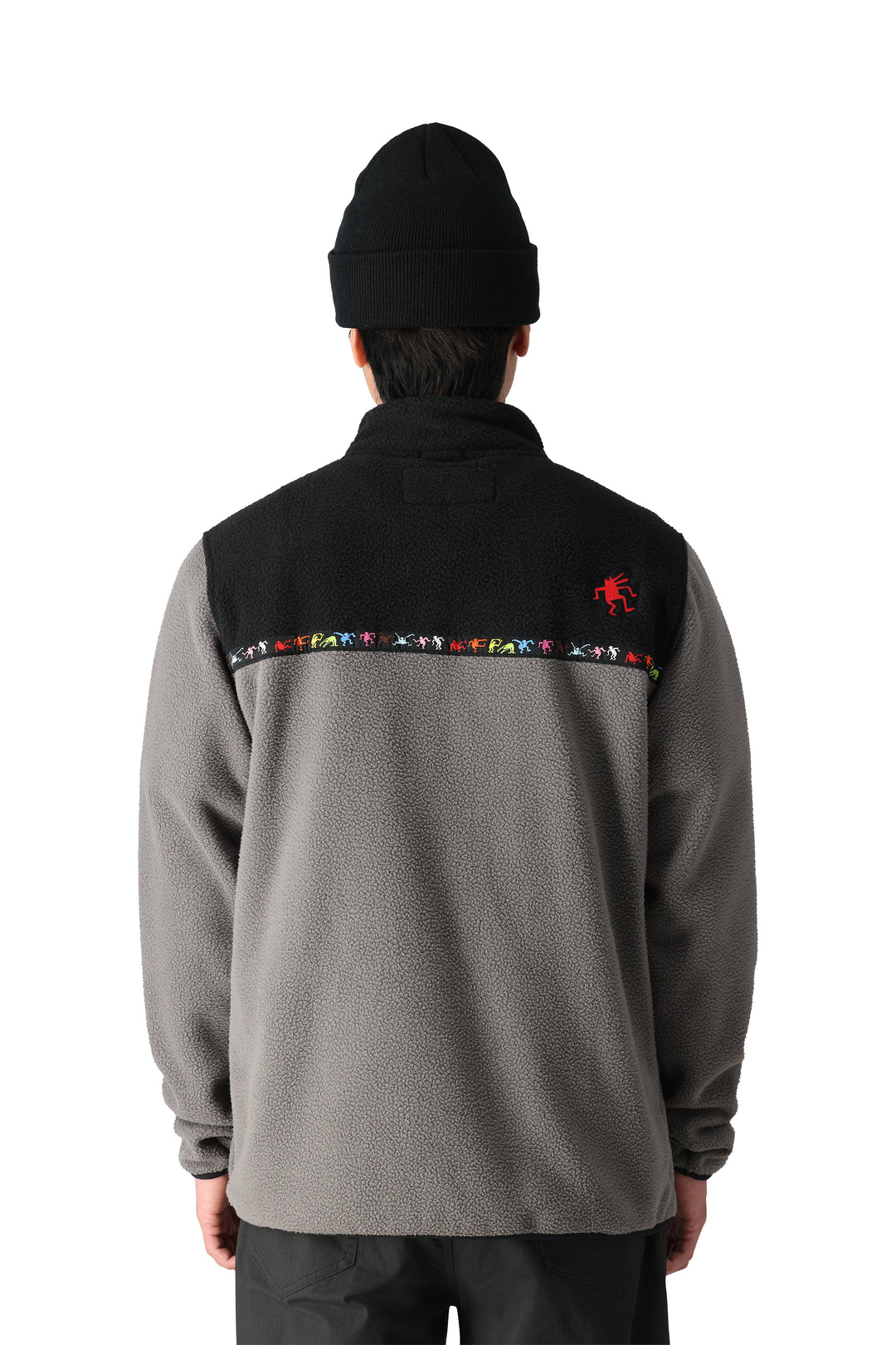 men's 686 Tioga Fleece Pullover top, gray and black with Keith Haring design