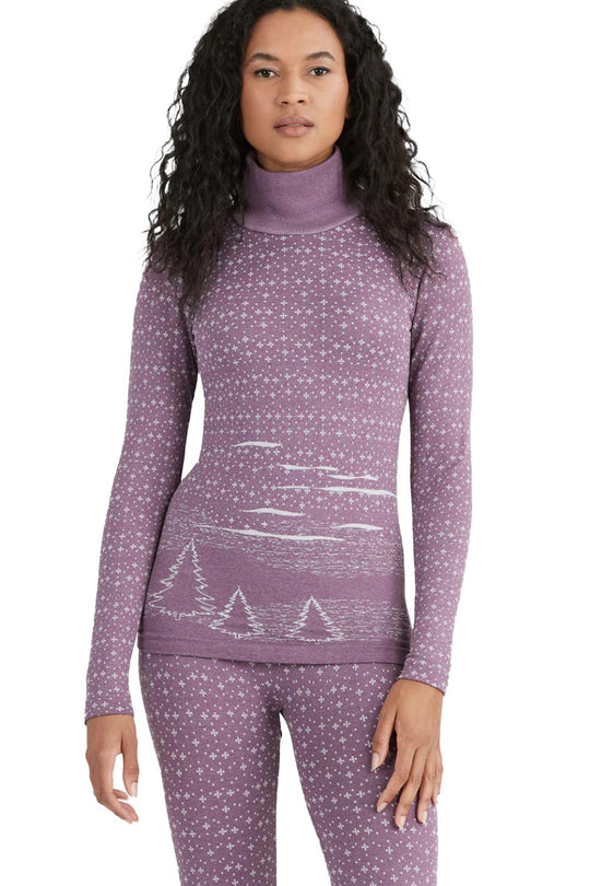 women's base layer turtleneck top, purple star graphic
