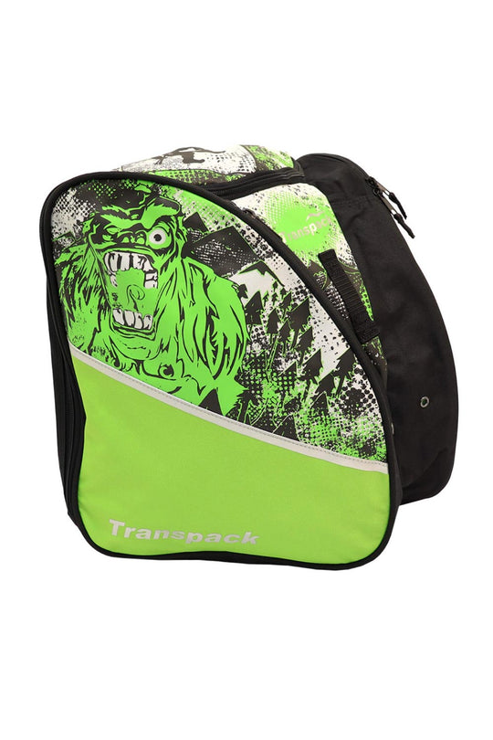 kids' Transpak ski boot backpack, lime green yeti pattern
