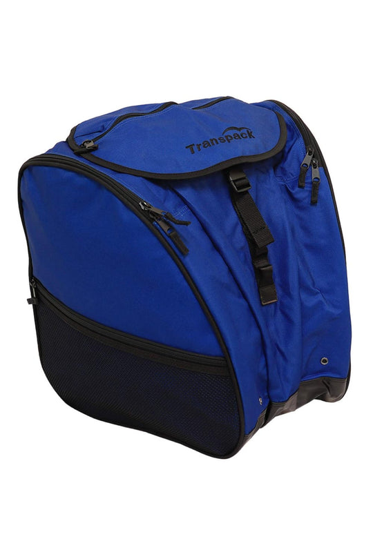 transpack ski boot backpack, blue with black accents