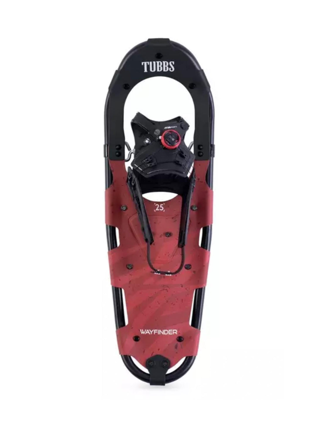 Red snowshoe with black accents on a white background
