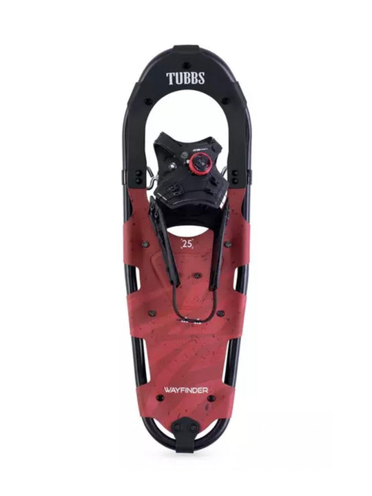 Red snowshoe with black accents on a white background
