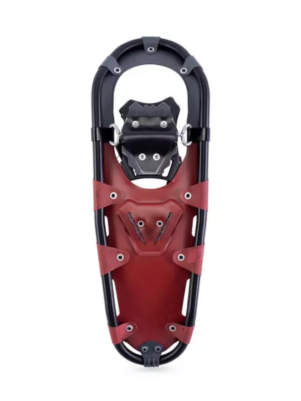 Red snowshoe with black metal frame on a white background