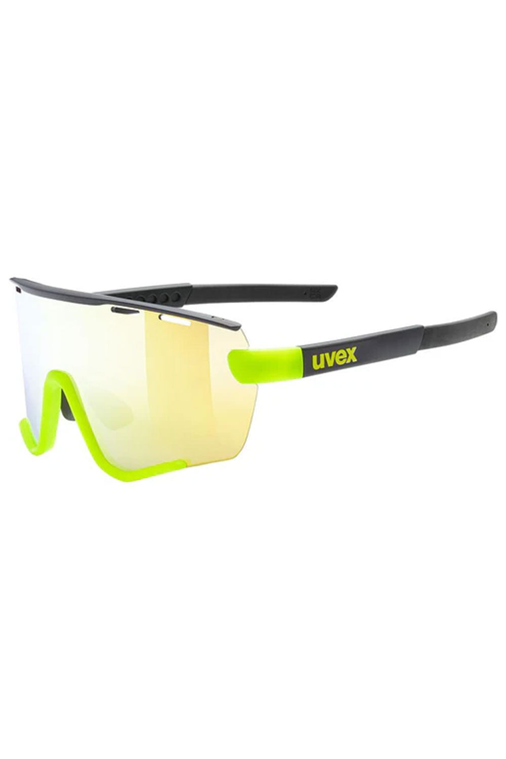 Sunglasses with green frame and yellow-tinted lenses on a white background