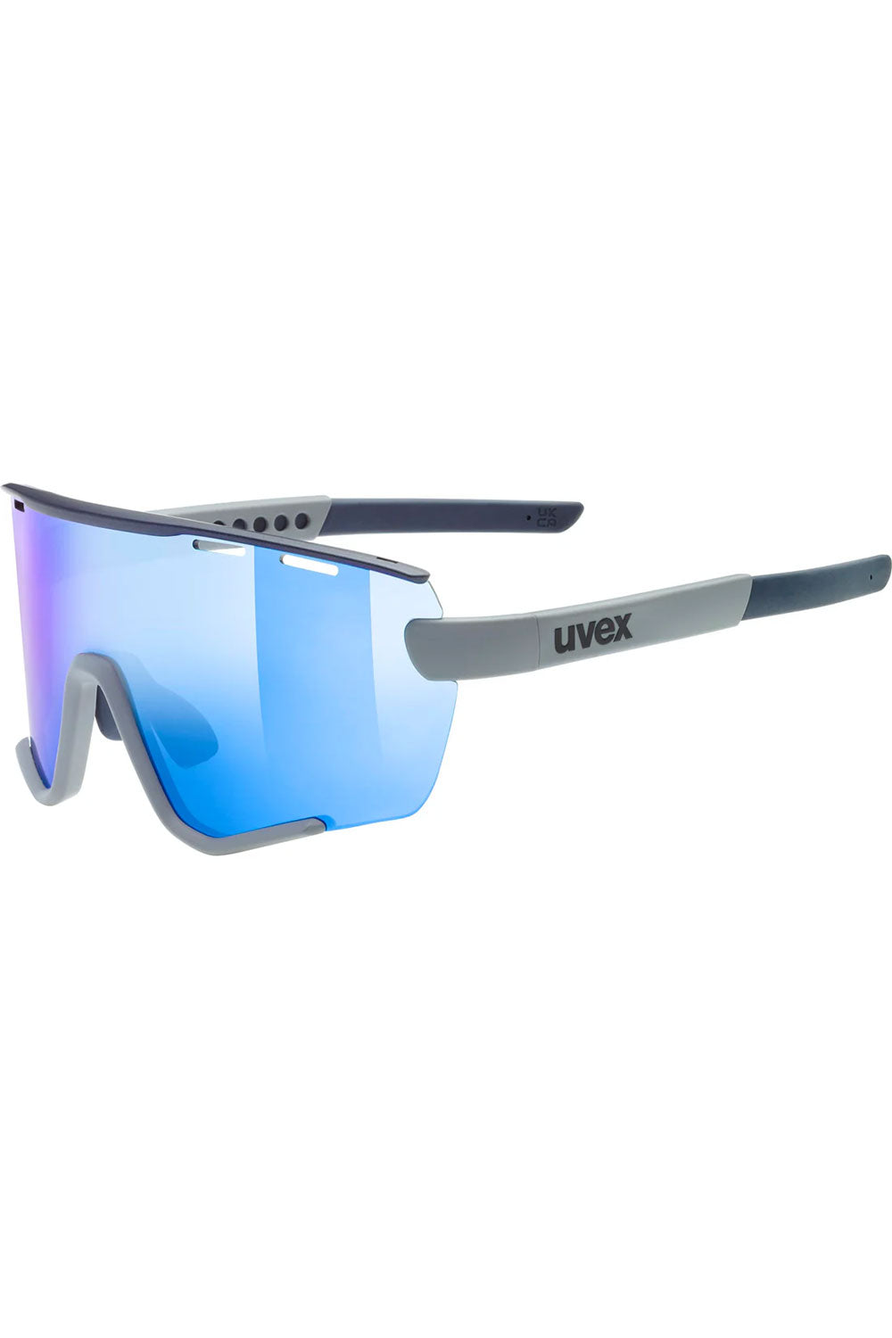 Sunglasses with blue reflective lenses and gray frame on a white background