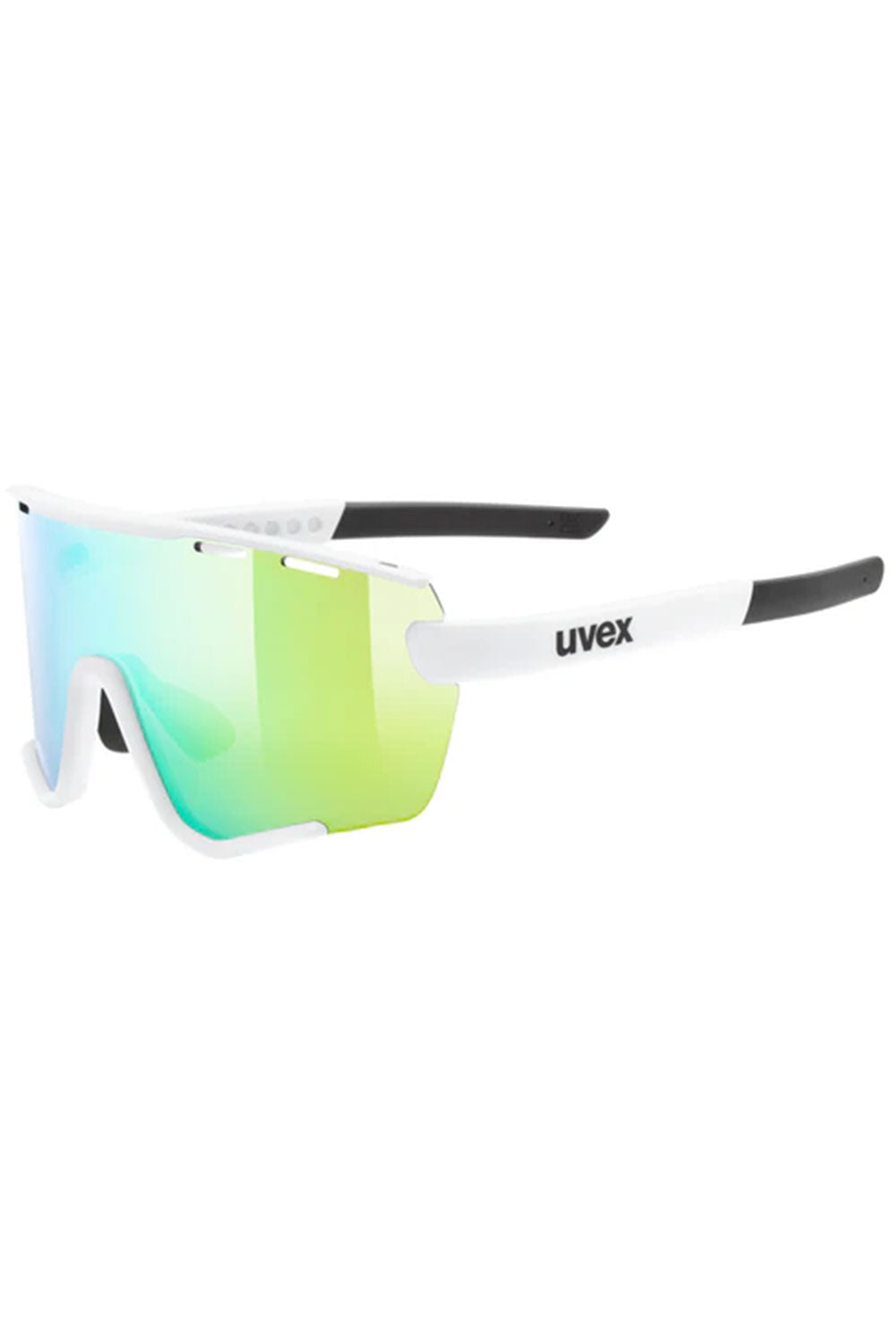 Sunglasses with white frame and green reflective lenses on a white background