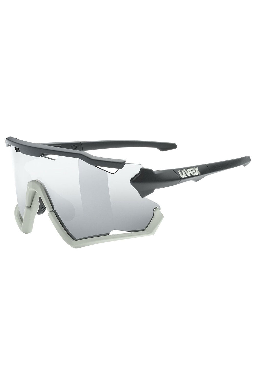 Sunglasses with black frame and clear lenses on a white background