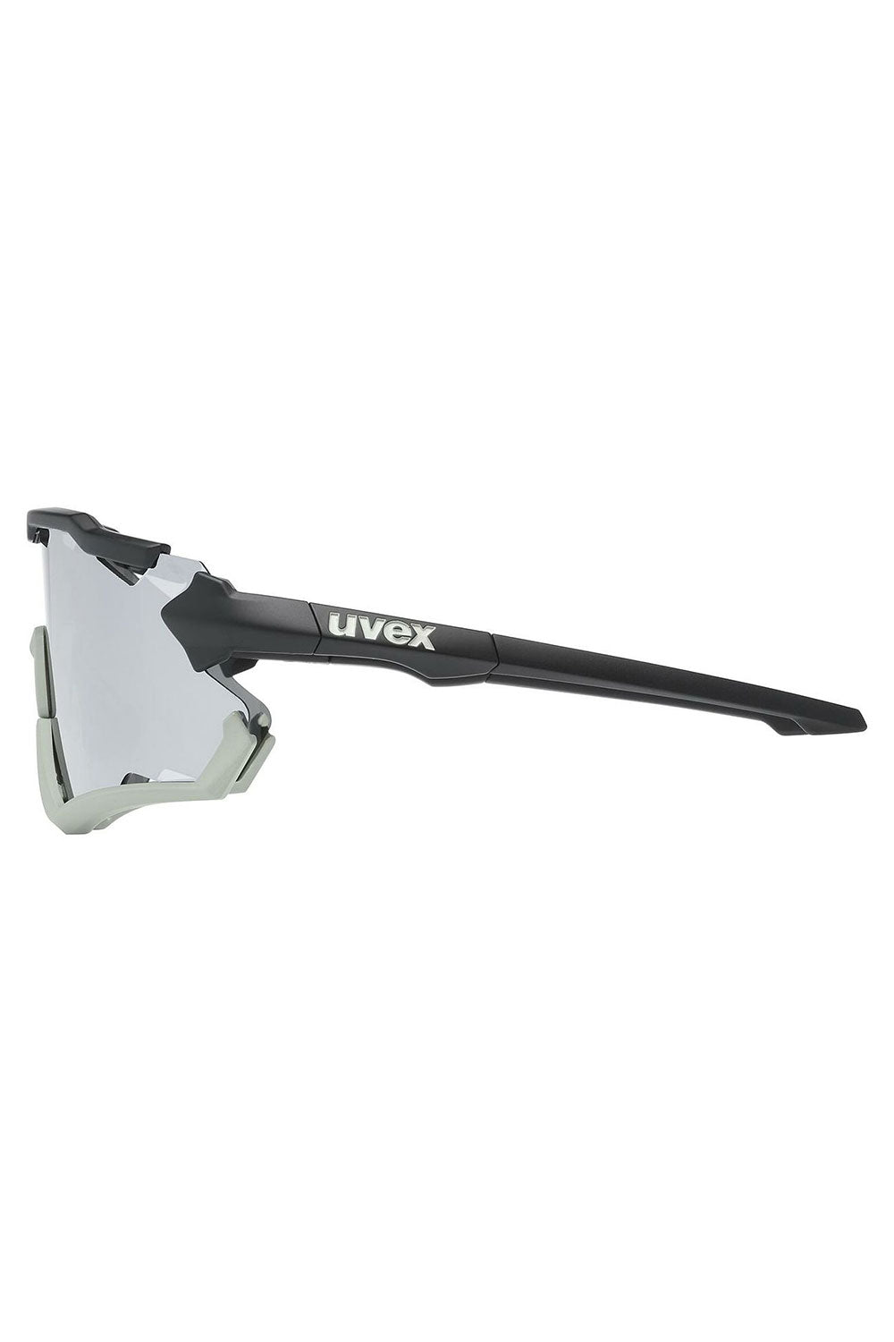 Goggles with black frame and white lenses on a white background, featuring the Uvex brand.