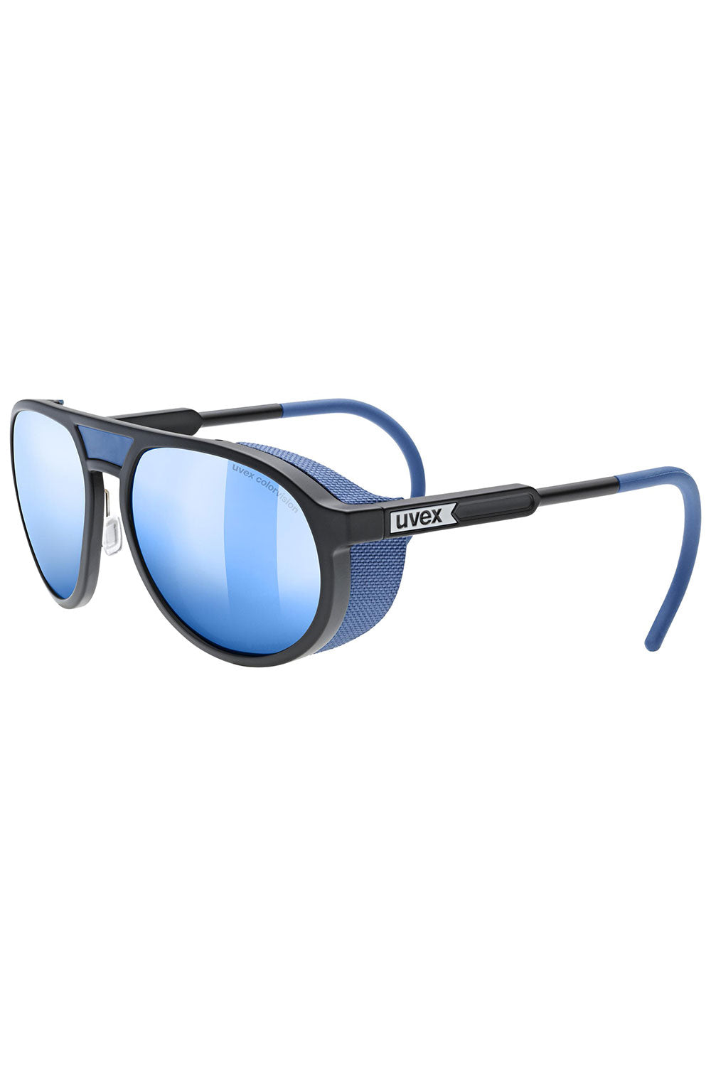 Sunglasses with blue lenses and black frame on a white background
