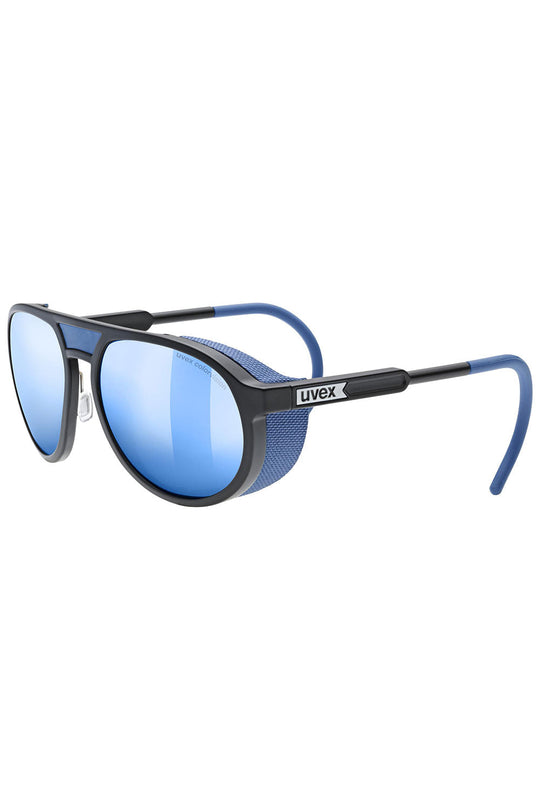 Sunglasses with blue lenses and black frame on a white background