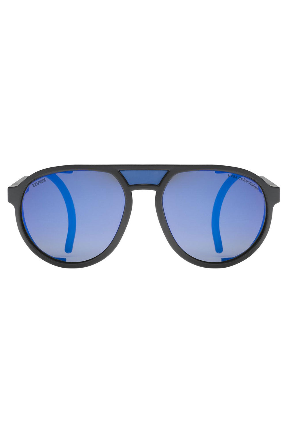 Sunglasses with blue lenses and black frame on a white background