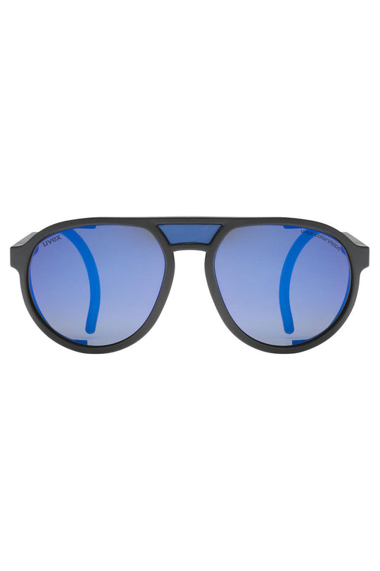 Sunglasses with blue lenses and black frame on a white background