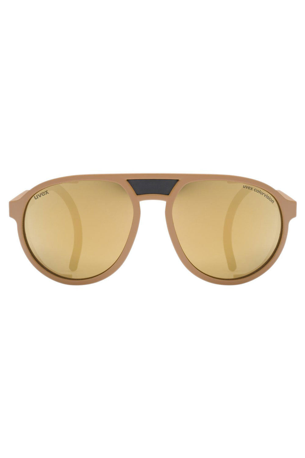 Sunglasses with gold lenses and brown frame on a white background