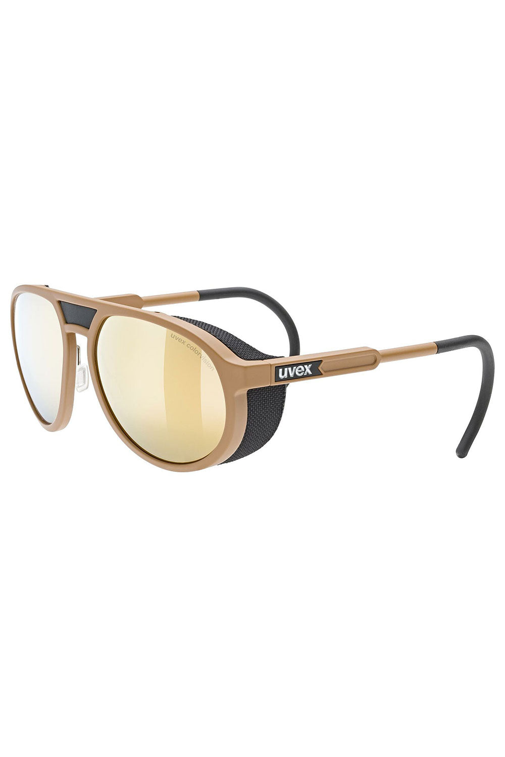 Sunglasses with gold lenses and brown frame on a white background
