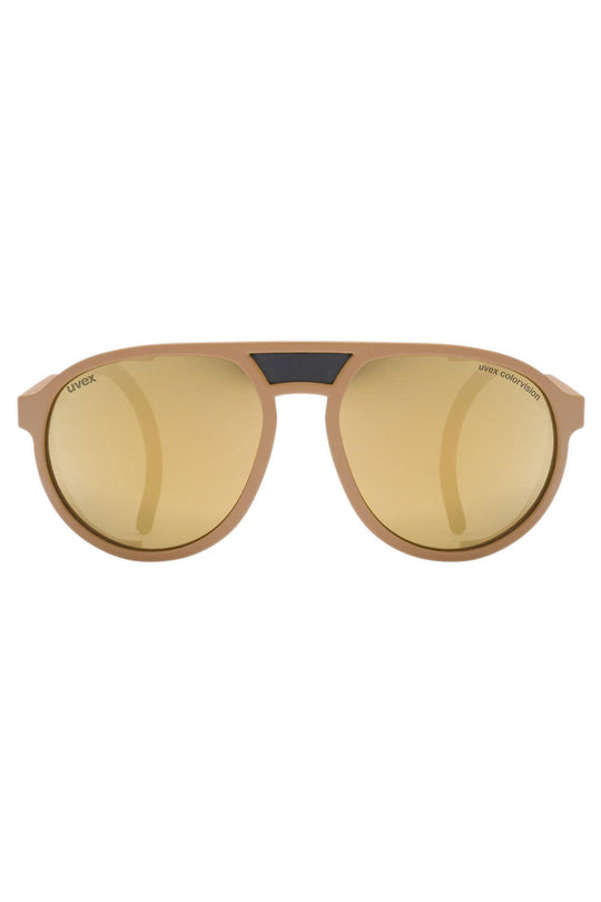 Sunglasses with gold lenses and brown frame on a white background