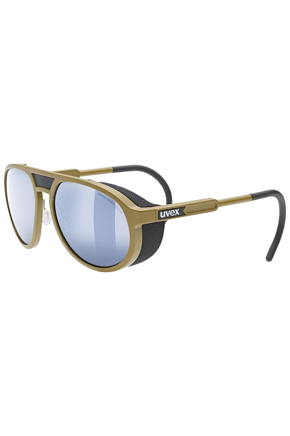 Sunglasses with gold frame and blue lenses on a white background