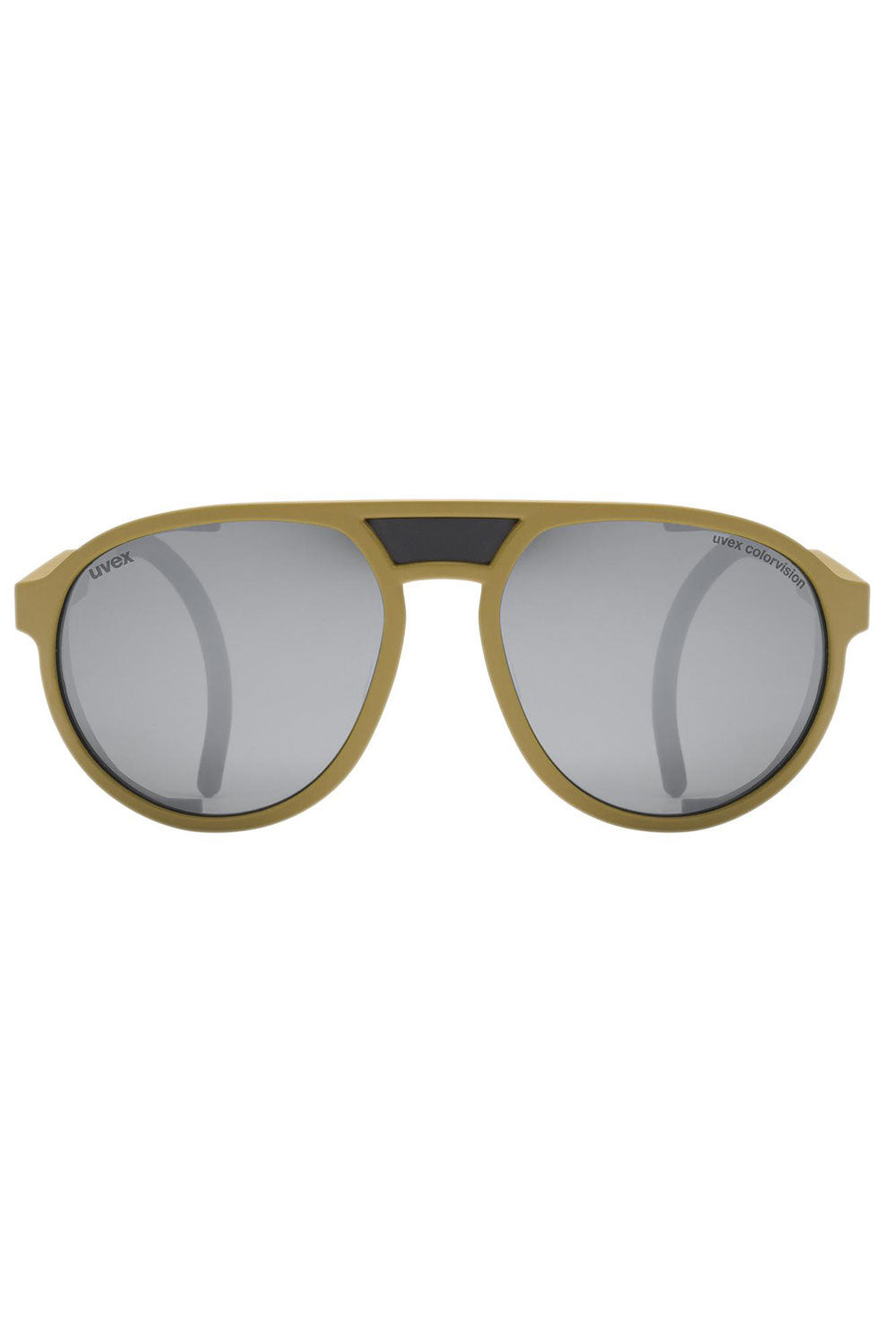 Sunglasses with gold frame and gray lenses on a white background