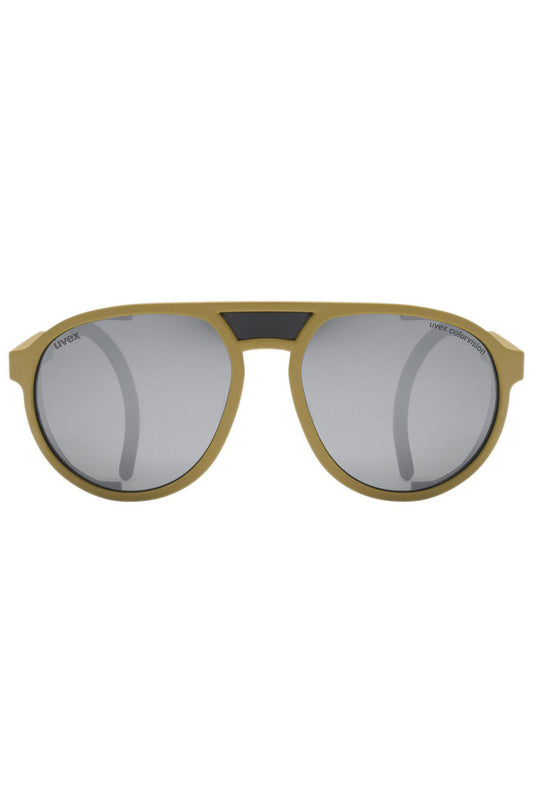Sunglasses with gold frame and gray lenses on a white background