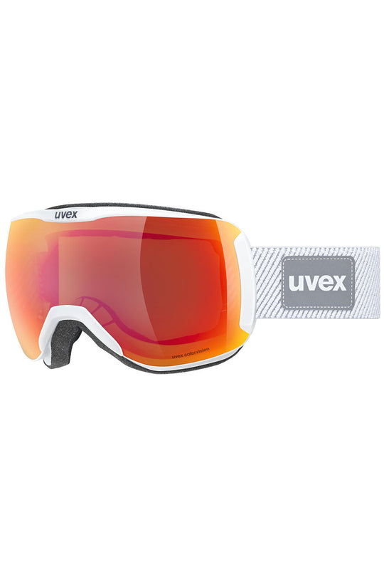 Uvex goggles with orange lens and white frame on a white background
