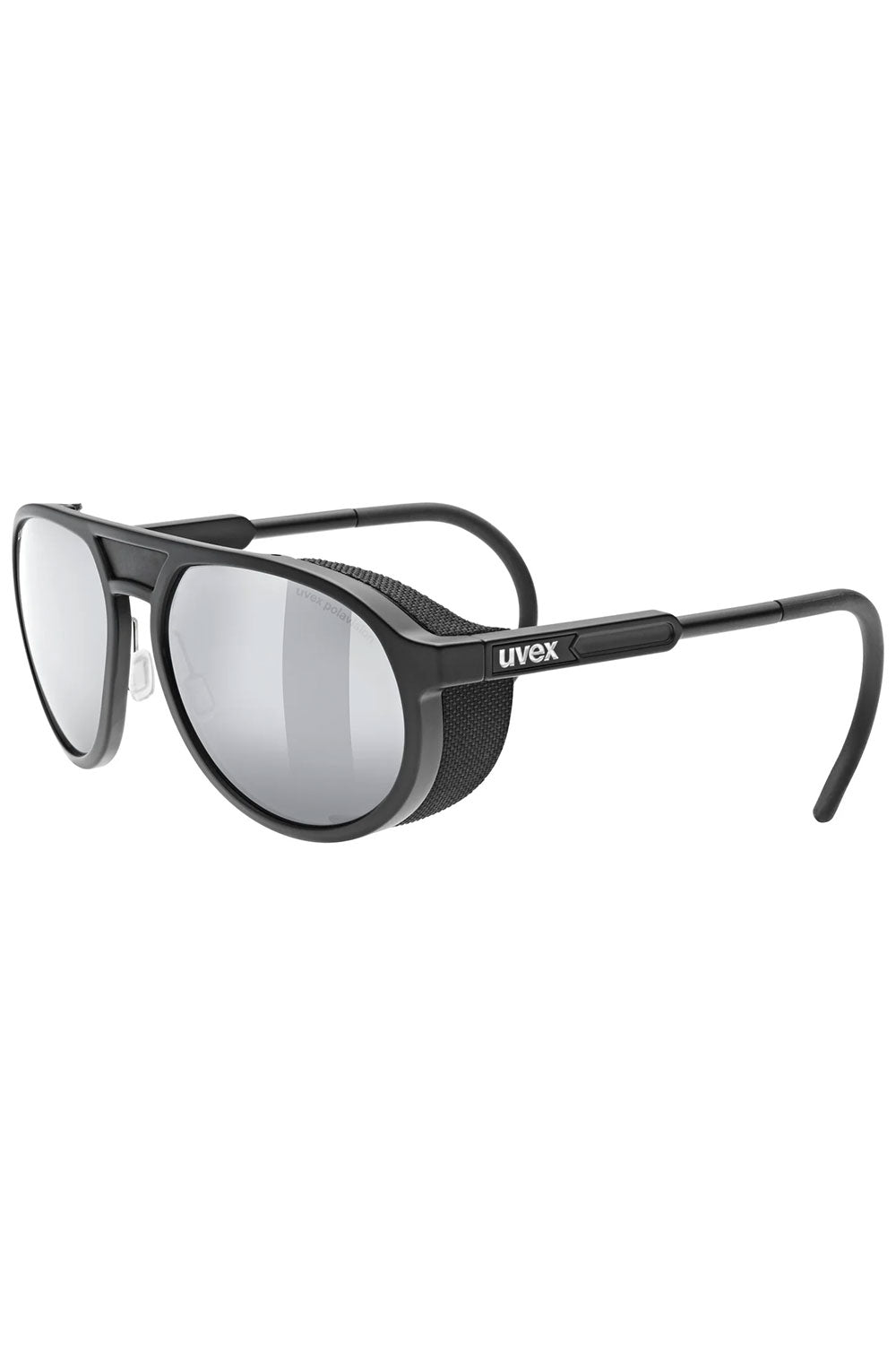 Black sunglasses with reflective lenses on a white background