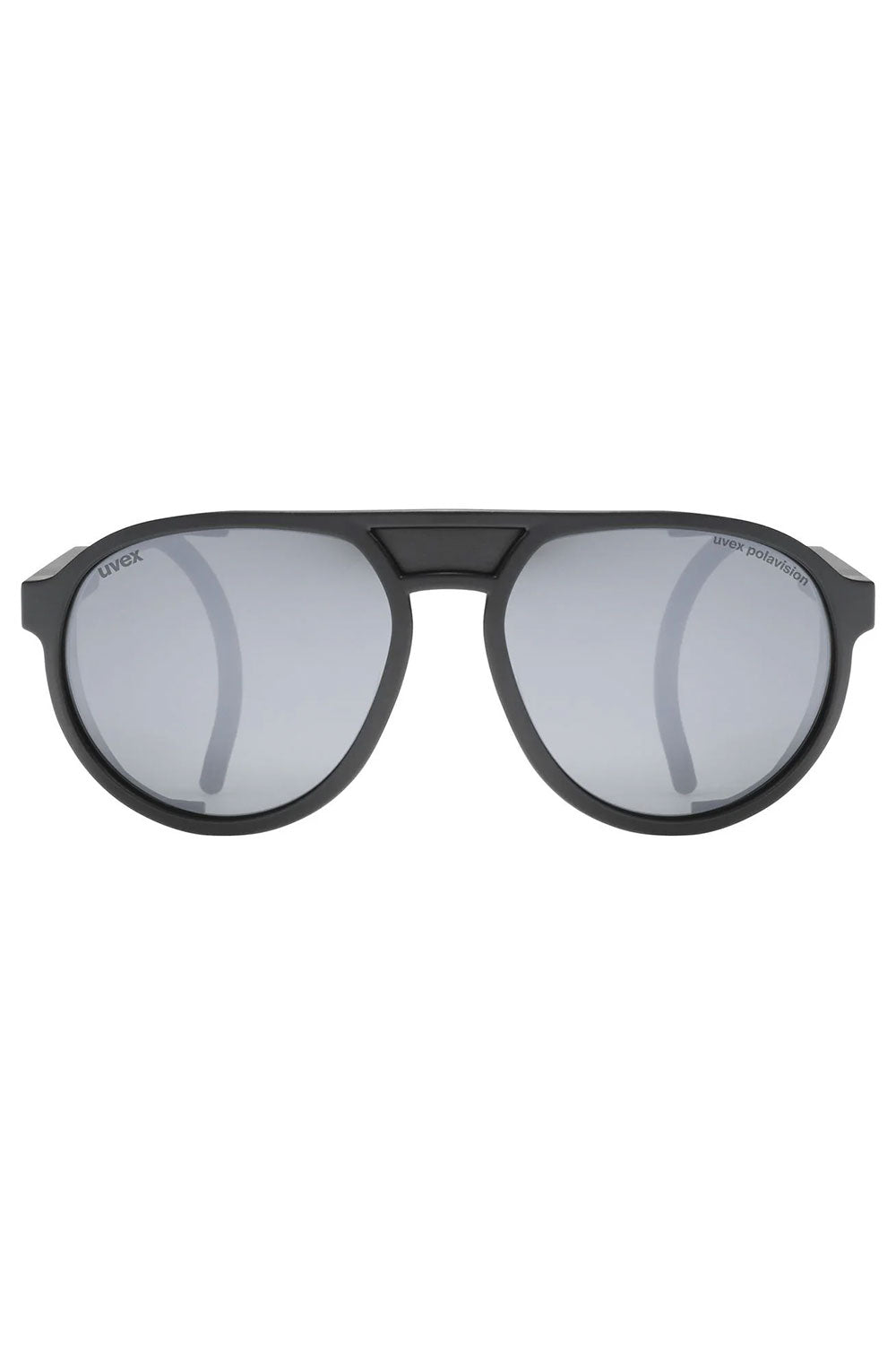 Black sunglasses with reflective lenses on a white background