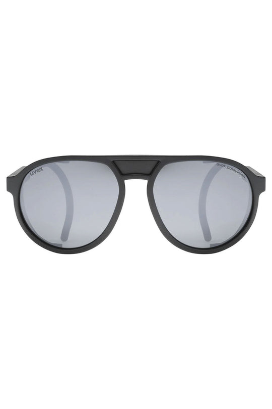 Black sunglasses with reflective lenses on a white background