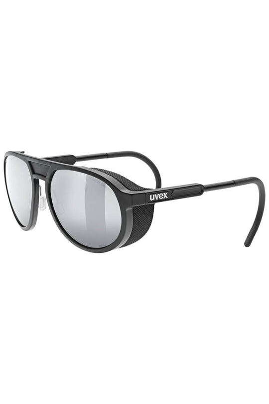 Black sunglasses with reflective lenses on a white background