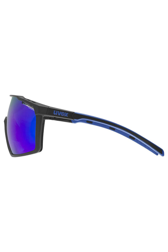 Sunglasses with blue reflective lenses and black frame on a white background