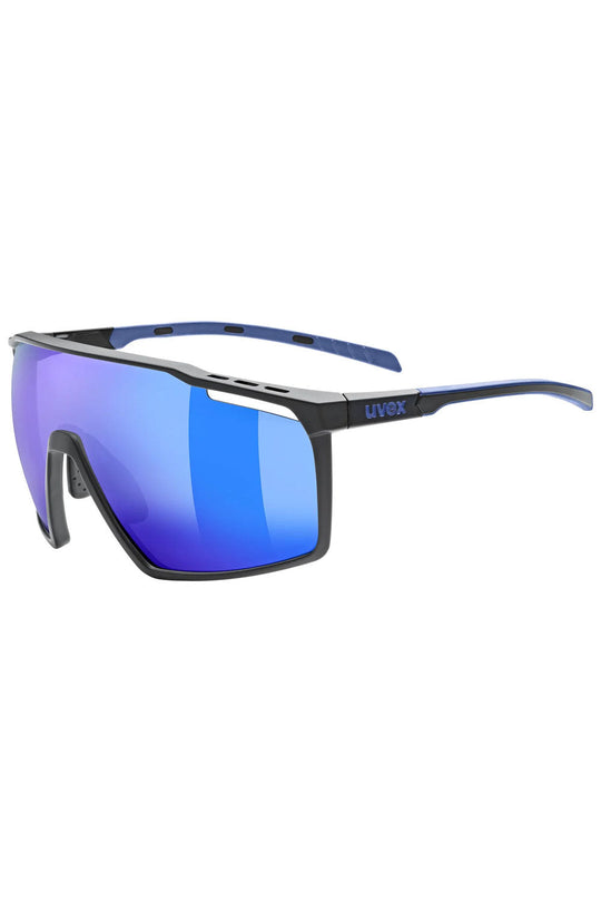 Sunglasses with blue reflective lenses on a white background