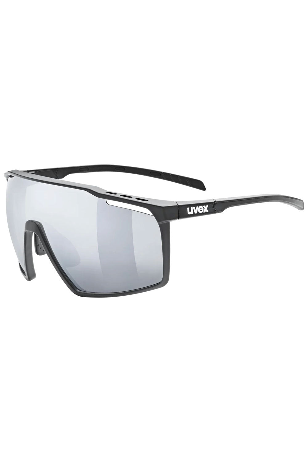 Sunglasses with black frame and reflective lenses on a white background