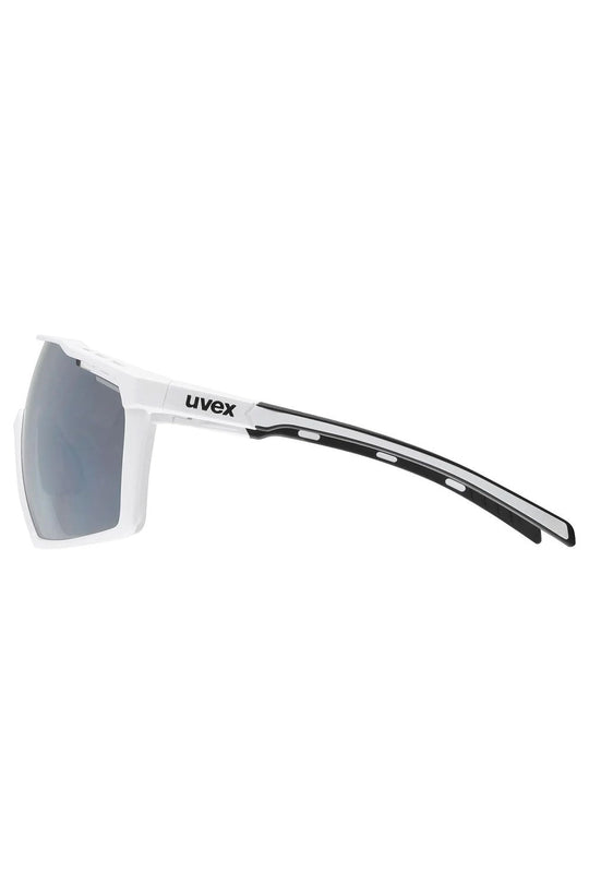 White sunglasses with black frame and 'uvex' logo on a white background