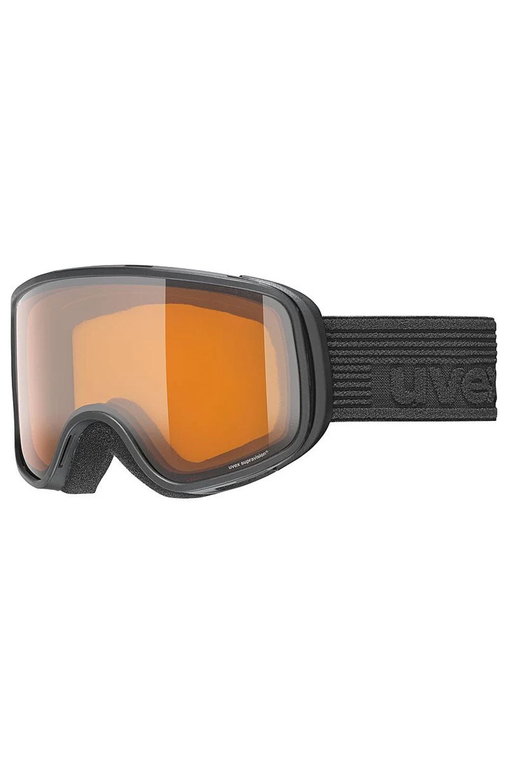 Ski goggles with orange lens and black frame on a white background