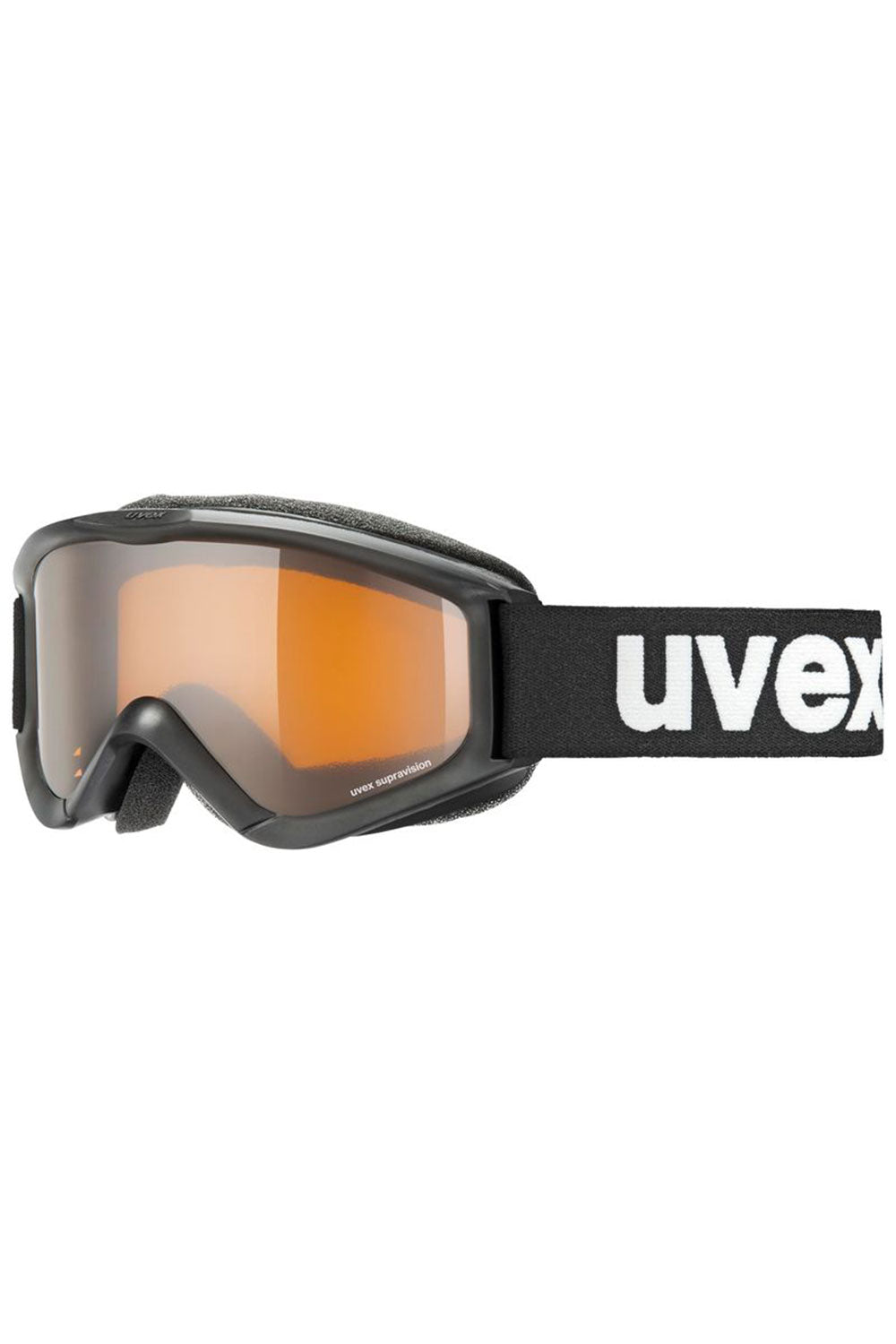 Black goggles with orange lens and Uvex logo on a white background