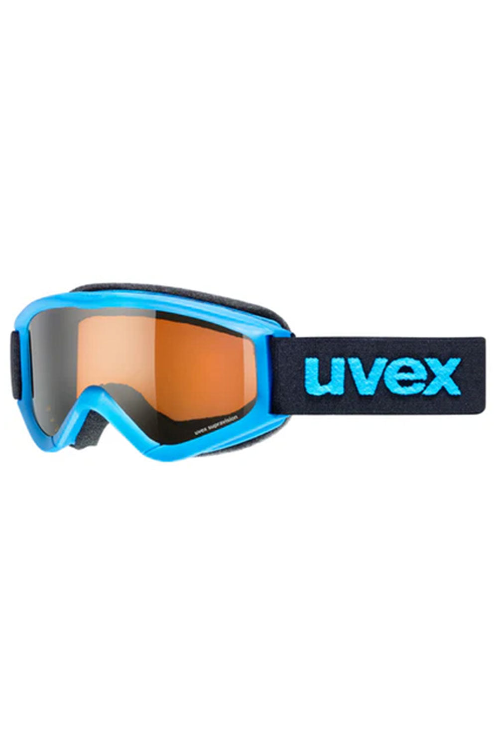 Uvex goggles with blue frame and orange lens on a white background