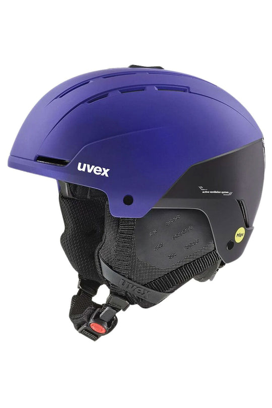 Purple helmet with black chin strap on a white background, featuring the Uvex brand.