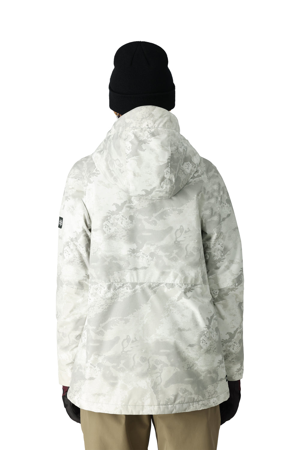 women's 686 Willow Insulated snowboard jacket, white and gray cloudy pattern