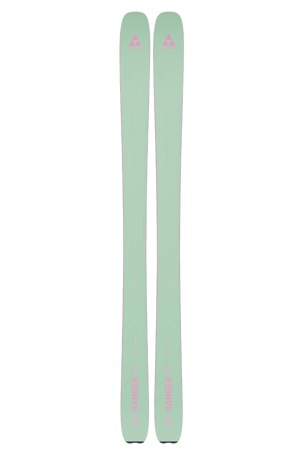 women's Fischer Ranger 90 skis, seafoam green with pink accents