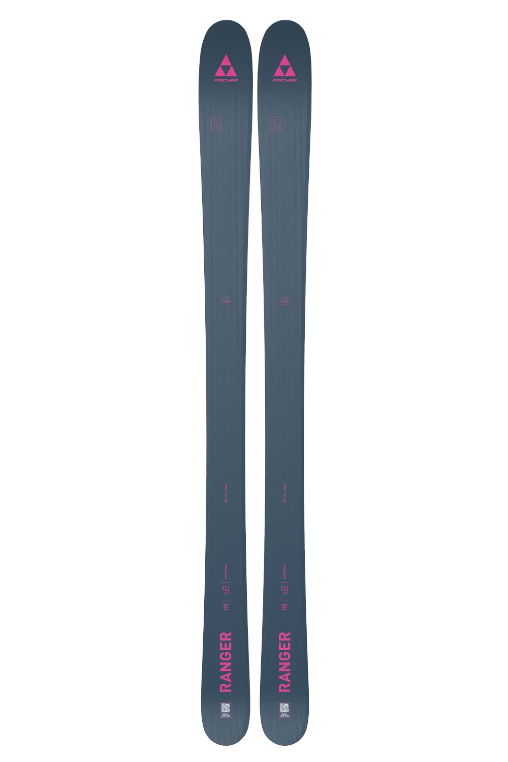 A pair of Fischer Ranger Skis for women, with a predominantly gray topsheet and pink and black detailing.